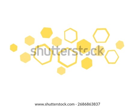 Honeycomb hexagon cluster in warm yellow, hand drawn cells and outlines on white, minimalist bee-inspired shapes for backgrounds, packaging, labels, stickers, and sweet natural branding.