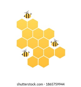 Honeycomb with hexagon grid cells and bee cartoon icon sign on white background vector illustration.