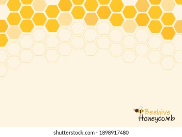 Honeycomb With Hexagon Grid Cells , Bee Cartoon And Lettering On Yellow Background Vector Illustration.