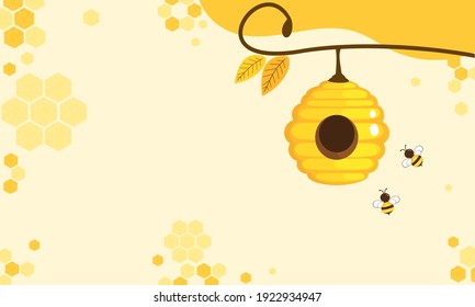 Honeycomb with hexagon grid cells , bee cartoon and tree branch on yellow background vector illustration.