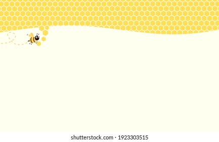 Honeycomb with hexagon grid cells and bee cartoon on yellow background vector illustration.