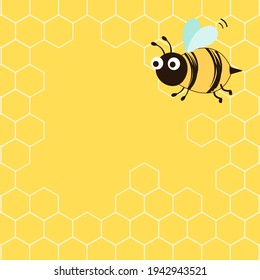 Honeycomb with hexagon grid cells and bee cartoon on yellow background vector illustration.