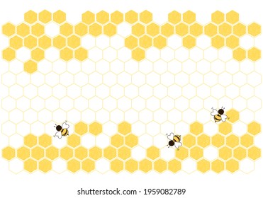 Honeycomb with hexagon grid cells and bee cartoons isolated on white background vector illustration.