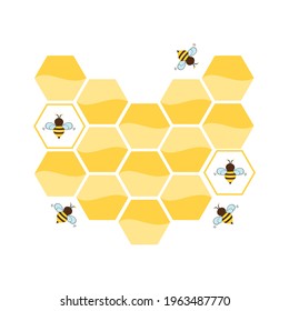 Honeycomb with hexagon grid cells and bee cartoons on white background vector illustration.