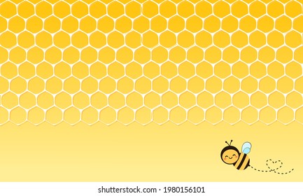Combo de abeja con células de cuadrícula hexagonales y dibujo de abejas sobre ilustración vectorial de fondo amarillo.