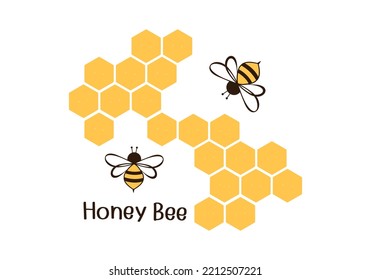 ฺBeehive honeycomb with hexagon grid cells and bee cartoons logo isolated on white background vector illustration.