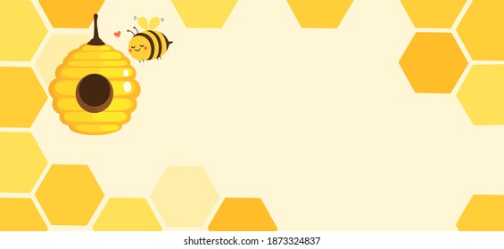 Honeycomb with hexagon grid cells  and cartoon bee on yellow background vector illustration.