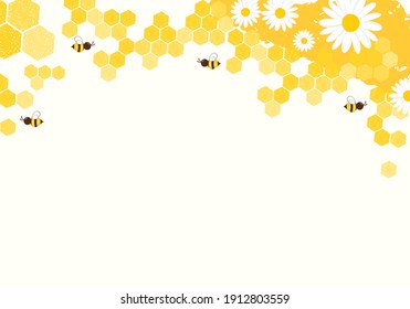 Honeycomb with hexagon grid cells, daisy flower and bee cartoons on yellow background vector illustration.