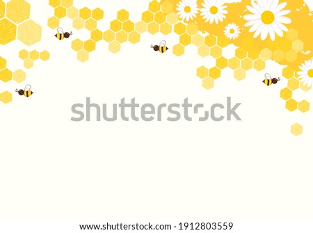 Honeycomb with hexagon grid cells, daisy flower and bee cartoons on yellow background vector illustration.