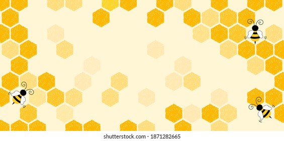 Honeycomb with hexagon grid cells and flying bee cartoons on yellow background vector illustration.