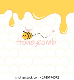 Honeycomb with hexagon grid cells and flying bee cartoon on white background vector illustration.