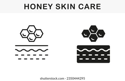 Honeycomb Hexagon on Skin Structure Symbol Collection. Honey Product for Skin Care Line and Silhouette Black Icon Set. Collagen Extract for Cosmetic Procedure Pictogram. Isolated Vector Illustration.