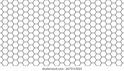 Honeycomb hexagon seamless pattern. Black outlined geometric grid with repeating hexagonal cells on white. Abstract vector design for wallpapers, textiles, packaging, and digital backgrounds.