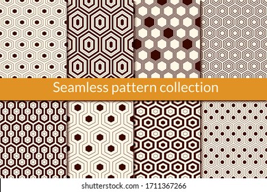 Honeycomb, hexagon seamless pattern collection. Geo design background set. Classic geometric mosaic tiles print kit. Ornament abstract vector bundle. All ornaments were added in swatches palette