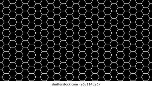 Honeycomb hexagon seamless pattern. White outlined geometric grid with repeating hexagonal cells on black. Abstract vector design for wallpapers, textiles, packaging, and digital backgrounds.