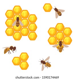 Honeycomb hexagon set with honeybees cartoon vector illustration, isolated cute clip-art.