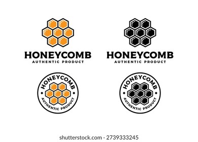 Honeycomb hexagonal badge modern logo design set for natural product. Abstract honey cells geometric flat logo design pack for apiary business. Beehive cells vector illustration