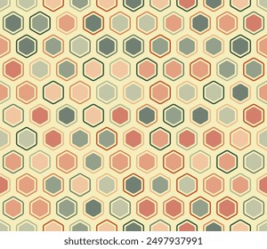 Fondo de hexágonos de nido de abeja. Hexágonos redondeados en negrita con celdas de mosaico con relleno y celdas sólidas internas. Formas hexagonales. Paleta de colores de varios tonos. Patrón sin fisuras. Ilustración vectorial basculante.