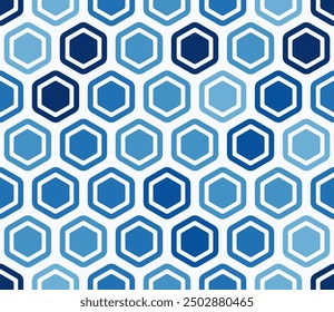 Fondo de hexágonos de nido de abeja. Celdas hexagonales redondeadas en negrita con relleno y celdas sólidas internas. Tonos de color azul. Grandes Formas hexagonales. Patrón sin fisuras. Ilustración vectorial basculante.