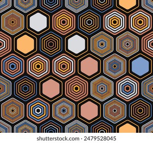 Honeycomb hexagons background. Geometric shapes of varied style and color. Large honeycomb cells. Tileable pattern. Seamless background. Nice vector illustration.