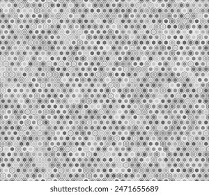 Honeycomb hexagons background. Hexagon mosaic background with inner solid cells. Grey color tones. Regular hexagon shapes. Tileable pattern. Seamless vector illustration.