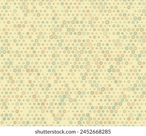 Honeycomb hexagons background. Multicolored geometric elements of varied size. Rounded stacked hexagons mosaic cells. Regular hexagon shapes. Tileable pattern. Seamless vector illustration.