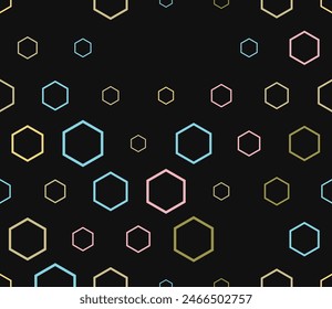 Honeycomb hexagons background. Multicolored geometric elements of varied size. Hexagon stacked mosaic background. Large honeycomb cells. Tileable pattern. Seamless vector illustration.