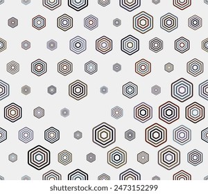 Honeycomb hexagons background. Multicolored geometric elements of varied size. Bold stacked rounded hexagons mosaic cells. Hexagonal cells. Tileable pattern. Seamless vector illustration.