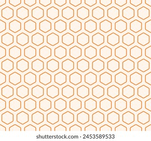 Honeycomb hexagons background. Orange color on matching background. Bold rounded hexagons mosaic cells with padding. Hexagonal shapes. Seamless pattern. Tileable vector illustration.