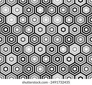 Honeycomb hexagons background. Plain hexagon frames. Grey color tones. Hexagonal cells. Tileable pattern. Seamless vector illustration.