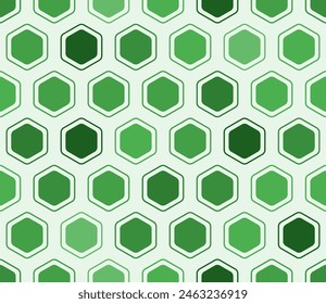 Honeycomb hexagons background. Rounded hexagons mosaic cells with padding and inner solid cells. Green color tones. Large hexagon shapes. Seamless pattern. Tileable vector illustration.