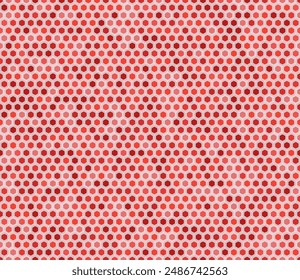 Honeycomb hexagons background. Rounded hexagons mosaic pattern with inner solid cells. Red color tones. Regular hexagon shapes. Seamless pattern. Tileable vector illustration.