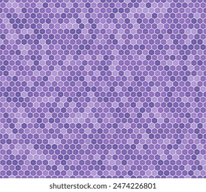 Honeycomb hexagons background. Rounded stacked hexagons mosaic pattern. Purple color tones. Regular hexagon shapes. Seamless pattern. Tileable vector illustration.