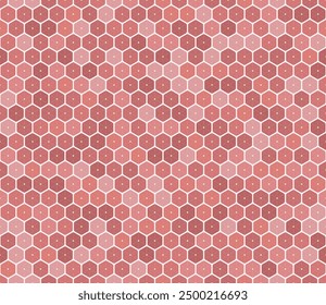 Honeycomb hexagons background. Rounded stacked hexagons mosaic pattern. Red color tones. Hexagon geometric shapes. Seamless pattern. Tileable vector illustration.