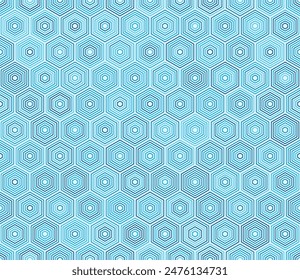 Honeycomb hexagons background. Stacked hexagons mosaic pattern. Blue color tones. Hexagonal shapes. Tileable pattern. Seamless vector illustration.