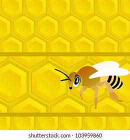 Honeycomb with honey and bee. Bee on a yellow abstract background.