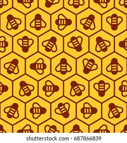 Honeycomb and honey bees seamless pattern