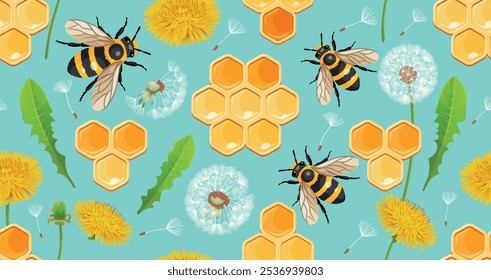 Honigwabenhonig. Blau Nahtloses Muster mit Waben mit Bienen und Löwenzahn Blumen. Schatz, Kräuter.