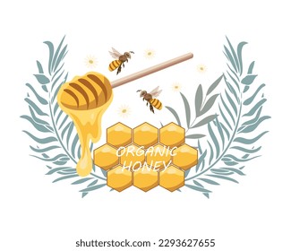 Honeycomb with honey dipper and bees. organic honey. Vector illustration, icon, logo	