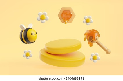 Honeycomb, honey dipper, flowers, bee and honey 3D vector composition illustration. Realistic cartoon healthy organic farm food. Natural sweet nectar dessert on yellow background