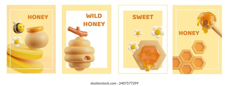 Honeycomb, honey dipper and jar, flowers, bee on 3D vector set advertising posters. Realistic cartoon healthy organic farm food. Natural sweet nectar dessert on yellow background