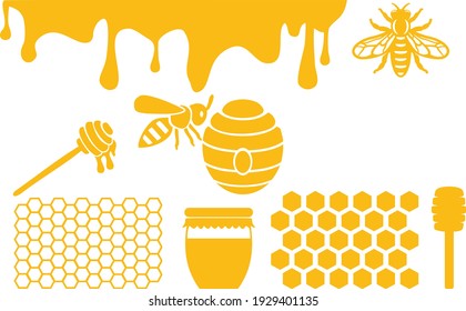 Honeycomb, Honey Drop, Honey Hive, Honey Spoon, Honey Jar on white background. Vector illustration