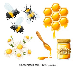 Honeycomb with honey drops. Sweet honey with flower and bees. Container for honey and spoon. Logo for shop or bakery. Flat vector illustration isolated on white background.