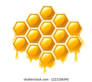 Honeycomb with honey drops. Sweet honey, logo for shop or bakery. Flat vector illustration isolated on white background.