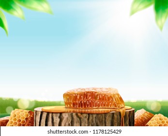 Pelo de abeja y miel en tronco de árbol cortado en 3d ilustración, fondo de campo verde bokek