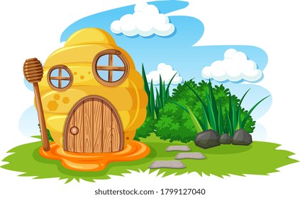 Honeycomb house in the garden cartoon style on sky background illustration