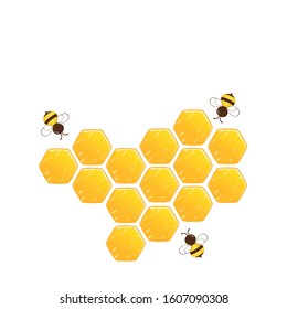 Honeycomb icon and cartoon bees isolated on white background vector illustration.