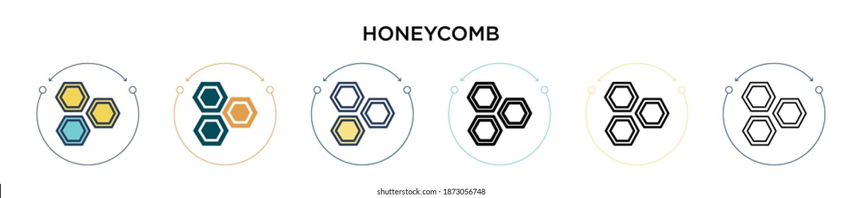 Honeycomb icon in filled, thin line, outline and stroke style. Vector illustration of two colored and black honeycomb vector icons designs can be used for mobile, ui, web