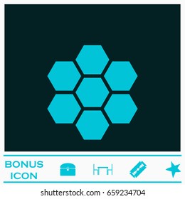 Honeycomb icon flat. Blue pictogram on dark background. Vector illustration symbol and bonus icons