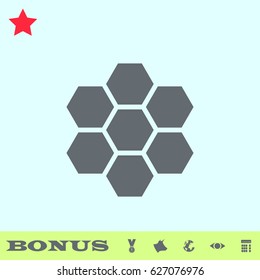 Honeycomb icon flat. Grey pictogram on blue background. Vector illustration symbol and bonus buttons medal, cow, earth, eye, calculator